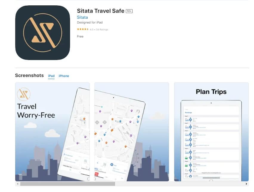 Screenshot showing the iPad version of Sitata Travel Safe in the Apple app store.