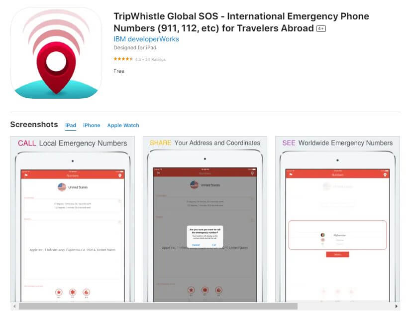 Screenshot of TripWhistle in the Apple App Store. Showing that the app is good for finding local emergency numbers, worldwide emergency numbers ands haring your address plus co-ordinates.