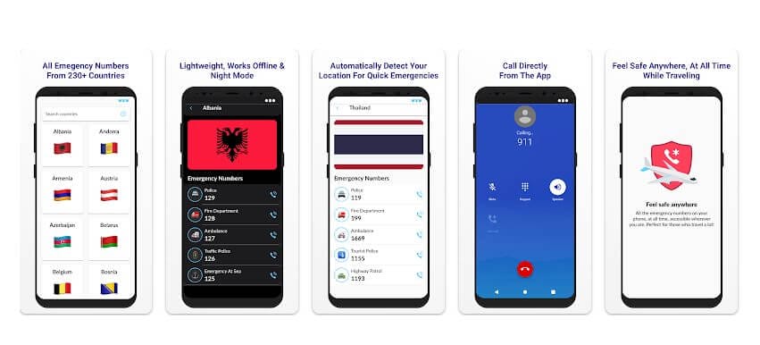 screenshot of the Travel Safe - World Emergency app. Showing the different features such as how you can call directly in the  app, look up emergency numbers for 230+ countries and how you'll feel safe anwyhere whilst traveling.