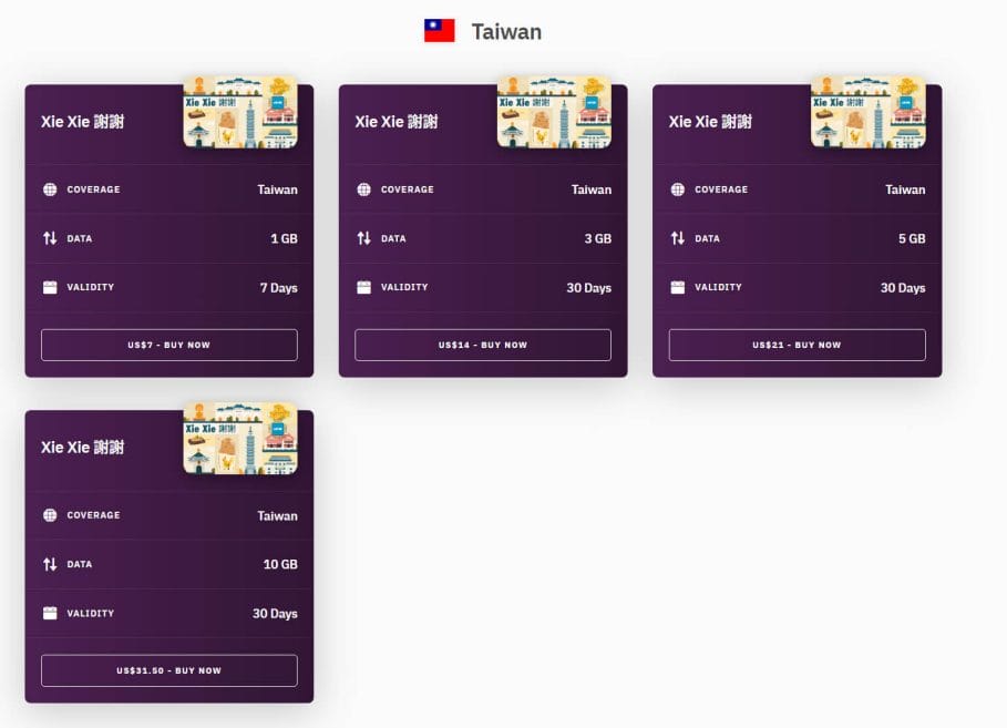 screenshot of airalo esim plans for taiwan