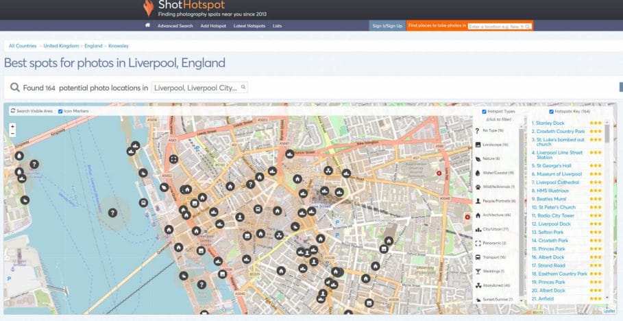 Shothotspot for liverpool showing a map of the locations