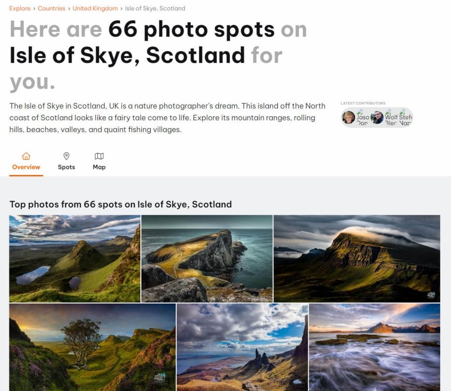 Locationscout page for The Isle of SKye showing top photos from 66 spots on the Isle of Skye, Scotland