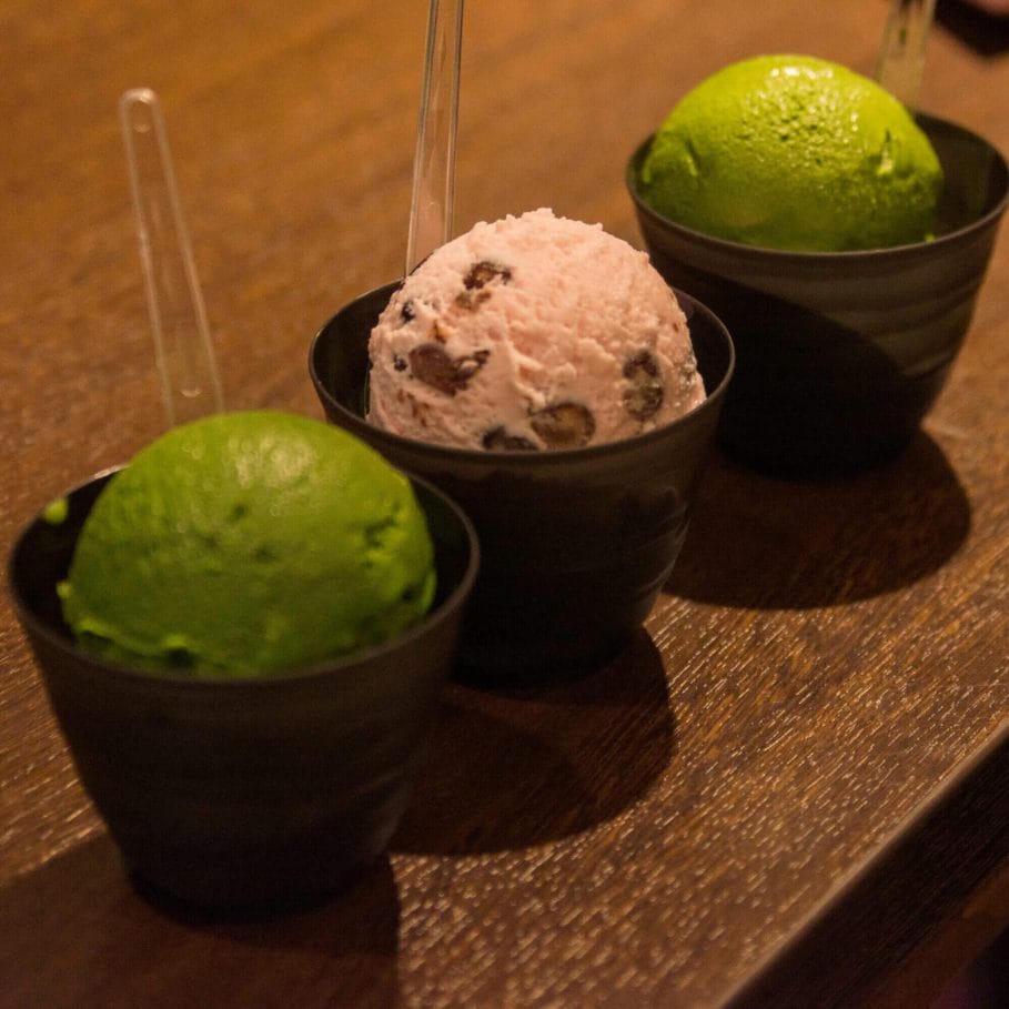 2 bowls containing Matcha icecream at Suzukien Matcha, and one containing Sakura ice cream in the middle